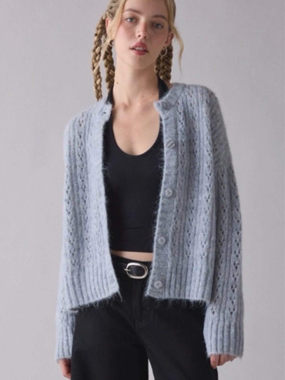 NWOT Light Gray Pointelle Knit Oversized Cardigan